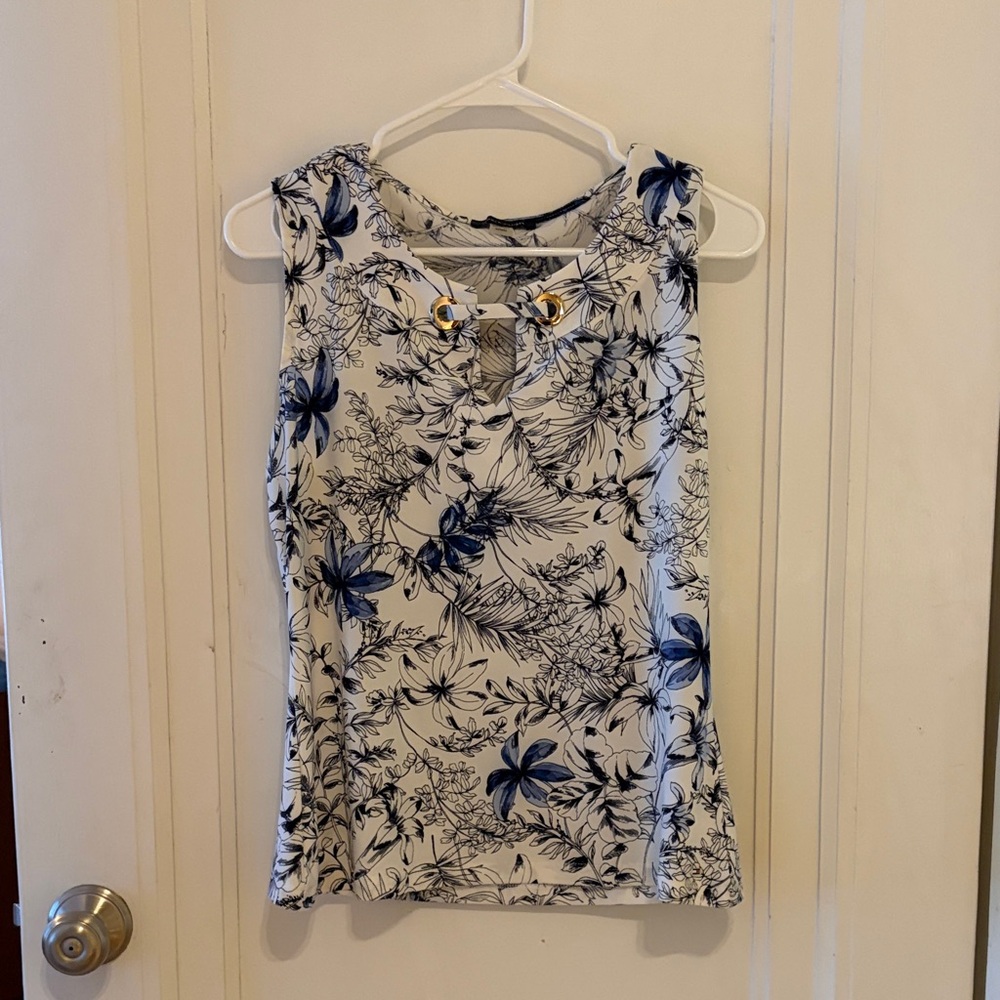 Tommy Hilfiger White Tank with Blue Floral Print and Gold Grommet